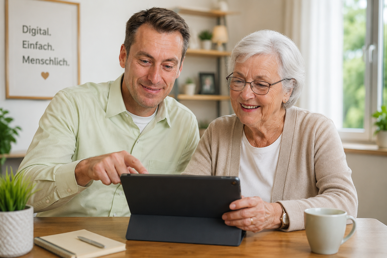 Ein Mitarbeiter von FMTech GmbH erklärt einer älteren Dame geduldig die Bedienung eines Tablets